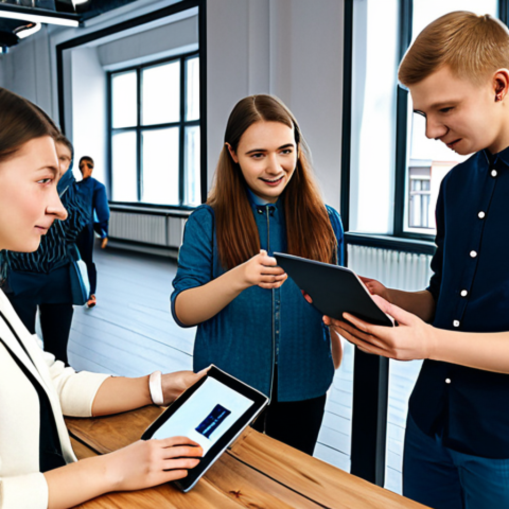 A group of diverse young Russian adults, fully clothed in modern, modest, and appropriate attire, engaged in a collaborative digital project. One is interacting with a tablet, another with a laptop, and a third is discussing ideas. The setting is a vibrant, contemporary co-working space in a Russian city, featuring natural light and subtle decorative elements that blend global digital aesthetics with hints of traditional Russian patterns and modern youth culture. Professional studio photography, high-resolution, natural pose, perfect anatomy, correct proportions, well-formed hands, proper finger count, natural body proportions, safe for work, appropriate content, fully clothed, modest, family-friendly.