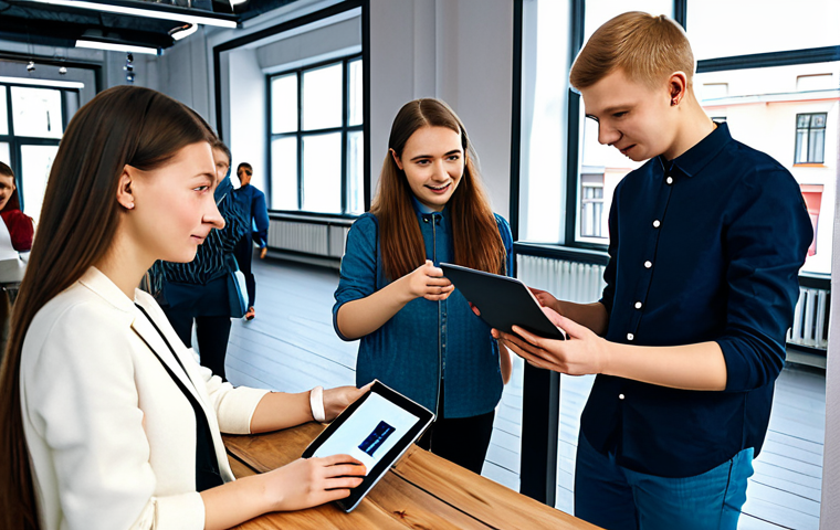 A group of diverse young Russian adults, fully clothed in modern, modest, and appropriate attire, engaged in a collaborative digital project. One is interacting with a tablet, another with a laptop, and a third is discussing ideas. The setting is a vibrant, contemporary co-working space in a Russian city, featuring natural light and subtle decorative elements that blend global digital aesthetics with hints of traditional Russian patterns and modern youth culture. Professional studio photography, high-resolution, natural pose, perfect anatomy, correct proportions, well-formed hands, proper finger count, natural body proportions, safe for work, appropriate content, fully clothed, modest, family-friendly.
