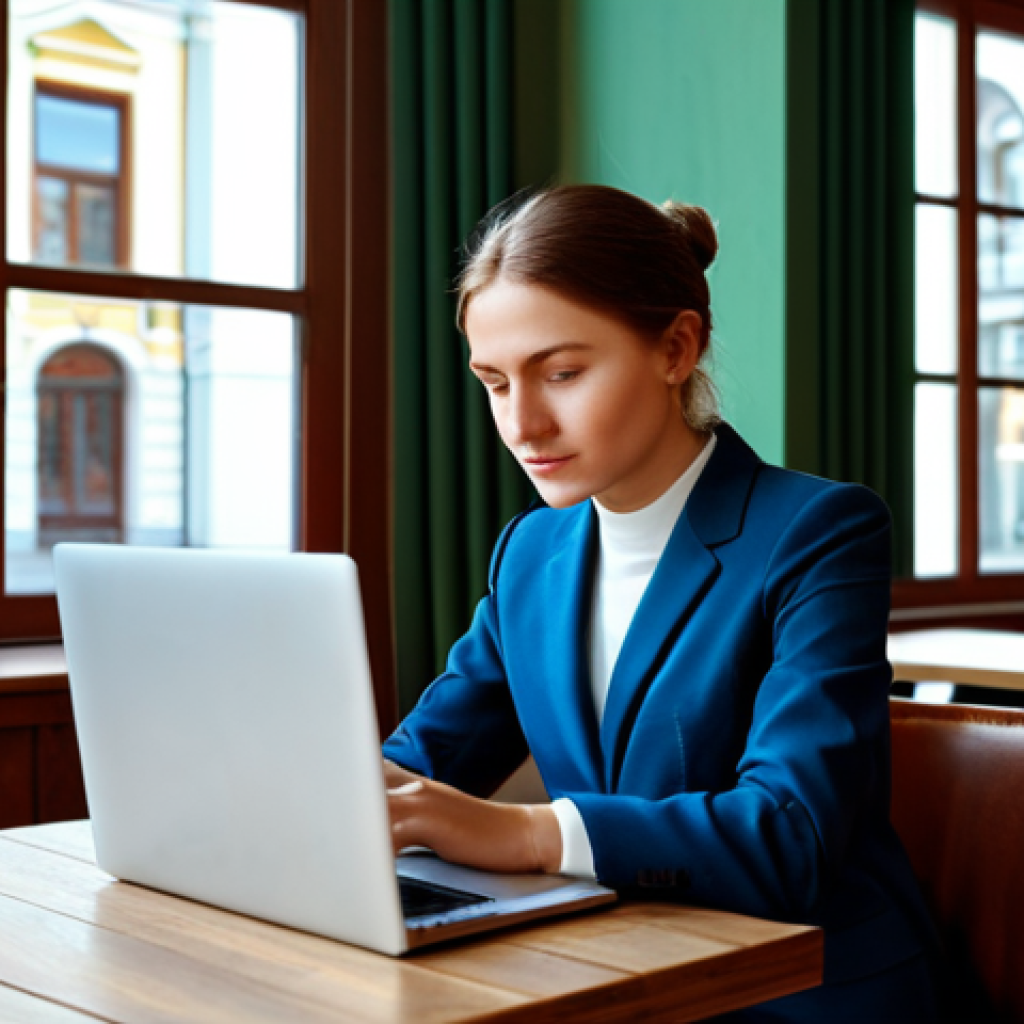 **

A professional woman in a modest business suit working on a laptop at a cafe in Moscow, Russia. A cup of coffee is on the table. Safe for work, appropriate content, fully clothed, perfect anatomy, natural proportions, professional.

**