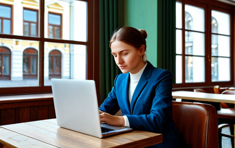 **

A professional woman in a modest business suit working on a laptop at a cafe in Moscow, Russia. A cup of coffee is on the table. Safe for work, appropriate content, fully clothed, perfect anatomy, natural proportions, professional.

**