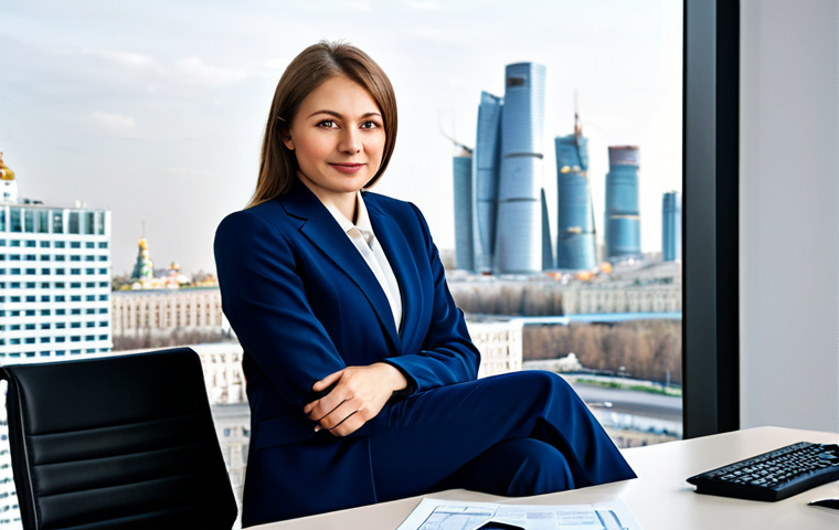 **

"A professional businesswoman in a modest dark blue business suit, sitting at a clean desk in a bright, modern Moscow office, fully clothed, appropriate attire, safe for work, perfect anatomy, natural proportions, professional photography, high quality, daytime setting, view of the Moscow City skyscrapers in the background, confident expression, realistic style."

**
