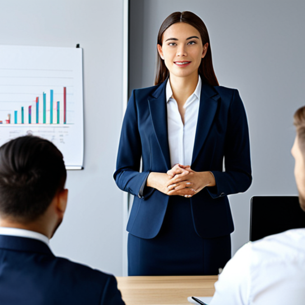 **

"A professional woman, fully clothed in a stylish business suit, giving a presentation in a modern office. The background shows a diverse team collaborating. The scene emphasizes success and career advancement, appropriate attire, safe for work, perfect anatomy, correct proportions, professional, modest, family-friendly, high quality."

**
