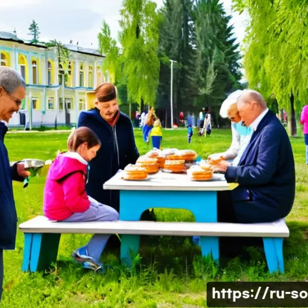 사회적 자본과 지역 발전 - **Prompt:** "A bustling community 'subbotnik' (volunteer clean-up day) in a picturesque, well-mainta...
