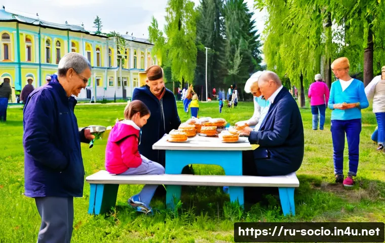 사회적 자본과 지역 발전 - **Prompt:** "A bustling community 'subbotnik' (volunteer clean-up day) in a picturesque, well-mainta...