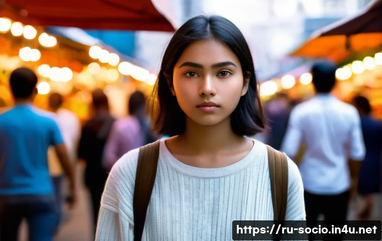 사회적 낙인과 재사회화 - A solitary young adult, dressed in a modest, contemporary street outfit, stands in the heart of a bu...