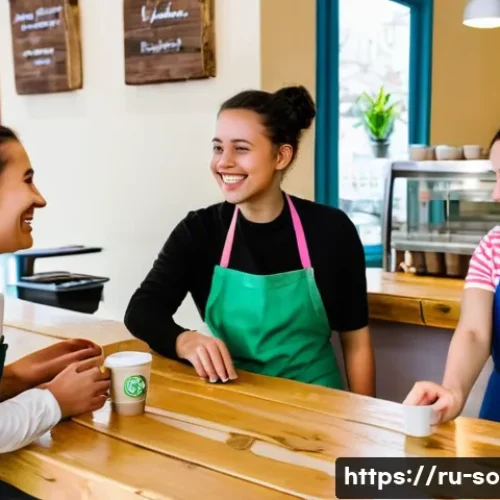 사회적 경제학과 협력 구조 - A heartwarming scene inside a cozy, brightly lit community cafe in a Russian city, bustling with div...