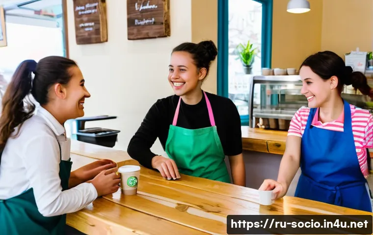 사회적 경제학과 협력 구조 - A heartwarming scene inside a cozy, brightly lit community cafe in a Russian city, bustling with div...