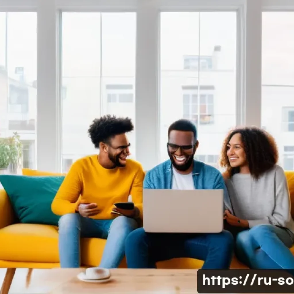 사회적 관계와 온라인 커뮤니티 - A diverse group of young adults engaging in a vibrant online support community via laptops and smart...