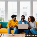 사회적 관계와 온라인 커뮤니티 - A diverse group of young adults engaging in a vibrant online support community via laptops and smart...