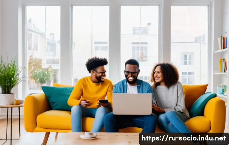 사회적 관계와 온라인 커뮤니티 - A diverse group of young adults engaging in a vibrant online support community via laptops and smart...