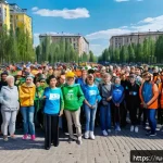 사회적 정의와 시민사회 - A vibrant urban community scene in a Russian city park during a volunteer-led neighborhood cleanup e...