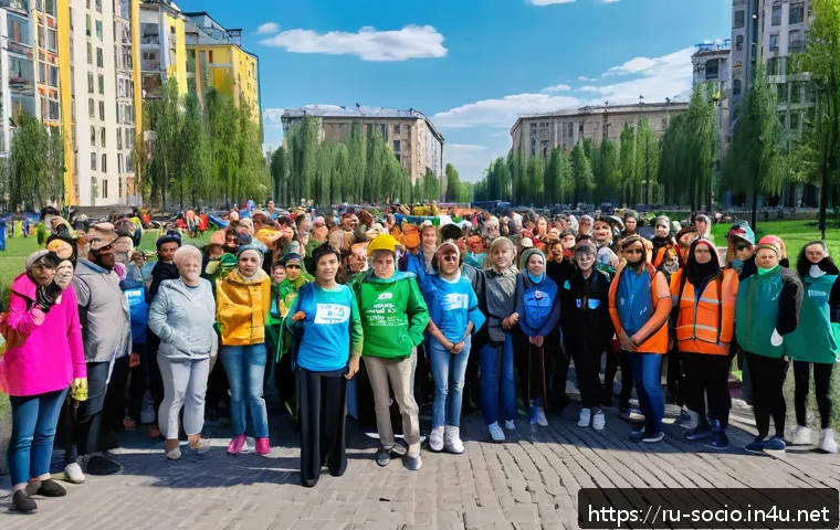 사회적 정의와 시민사회 - A vibrant urban community scene in a Russian city park during a volunteer-led neighborhood cleanup e...