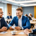 사회적 자본과 네트워크 이론 - A dynamic business networking event in Moscow, featuring a diverse group of Russian professionals in...