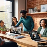 네트워크 사회와 연결주의 - A modern digital communication scene showing diverse young adults in a cozy home office environment,...