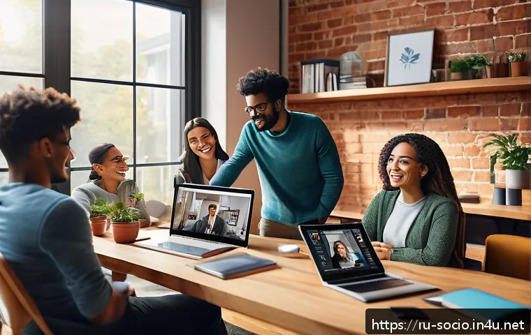 네트워크 사회와 연결주의 - A modern digital communication scene showing diverse young adults in a cozy home office environment,...