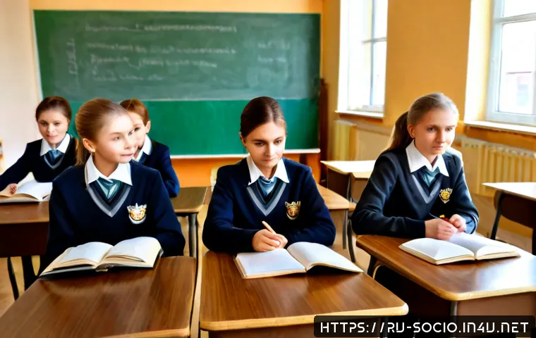 교육사회학 - Photorealistic sociology of education scene in a modern Russian public secondary school classroom, d...